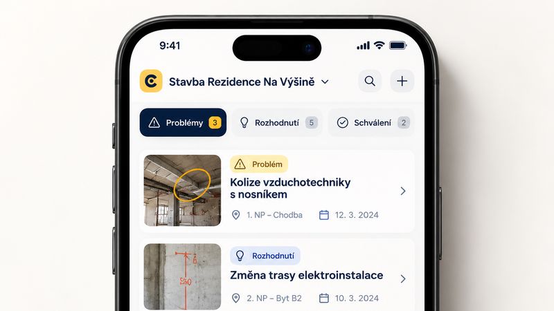 Obrazovka aplikace s přehledem problémů a rozhodnutí na stavbě