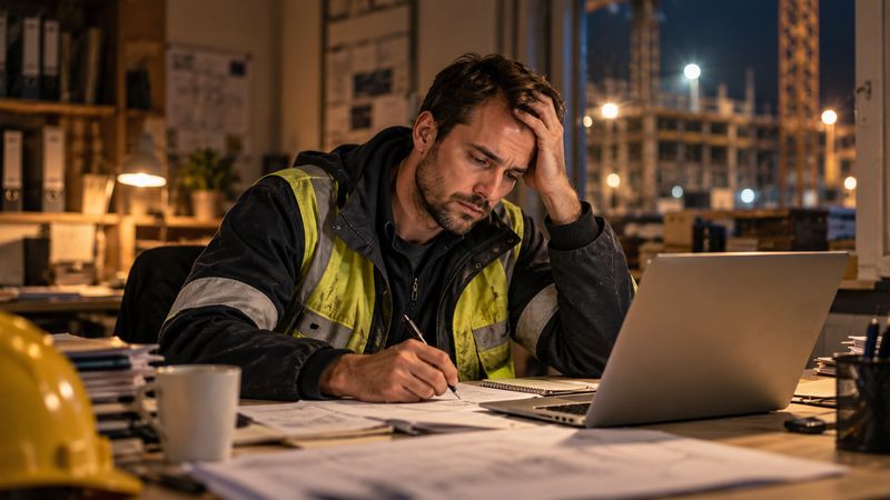Unavený stavbyvedoucí večer v kanceláři vyplňuje papíry u notebooku