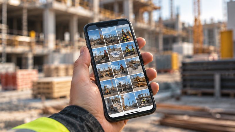 Telefon v ruce s galerií desítek fotek ze stavby