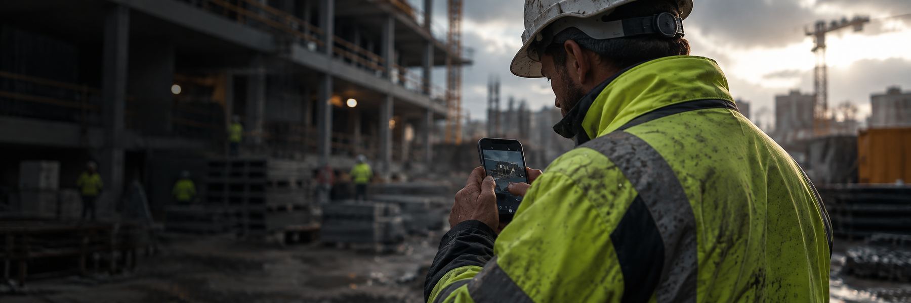 Pracovník v reflexní bundě používá telefon na staveništi